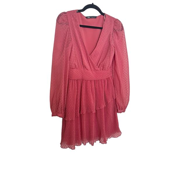 Zara Dress Pink Clip Dot Faux Wrap Mesh Tiered Mini Babydoll Boho Small - Picture 4 of 7